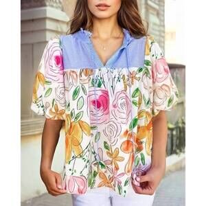 NEW 1 THE WOMAN floral striped yoke frilled v-neck puff short sleeved blouse in